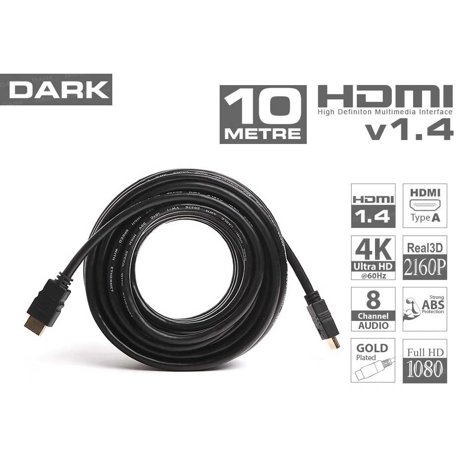 DARK DK-HD-CV14L1000 HDMI KABLO DUAL MOLDING 10MT Ver1.4 ALTIN UÇLU 3D