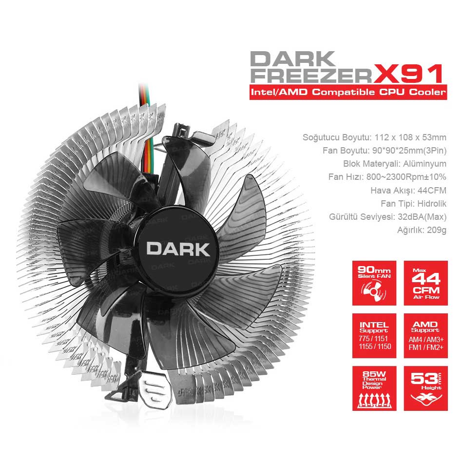 DARK FREEZER X91 DKCCX91 AMD/INTEL AM4/LGA1151 UYUMLU İŞLEMCİ FANI