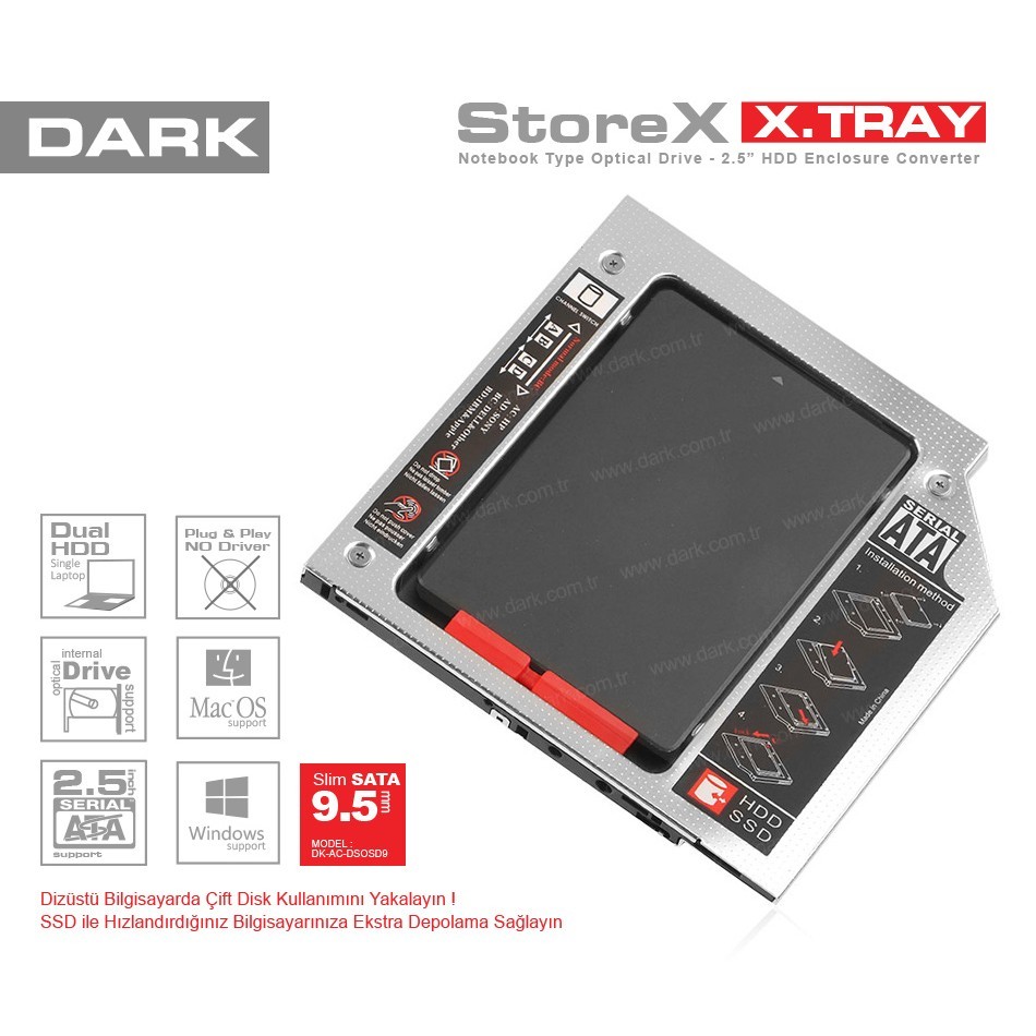 DARK STOREX XTRAY DK-AC-DSOSD9 9.5MM NOTEBOOK OPTİK SATA SSD HDD KUTU