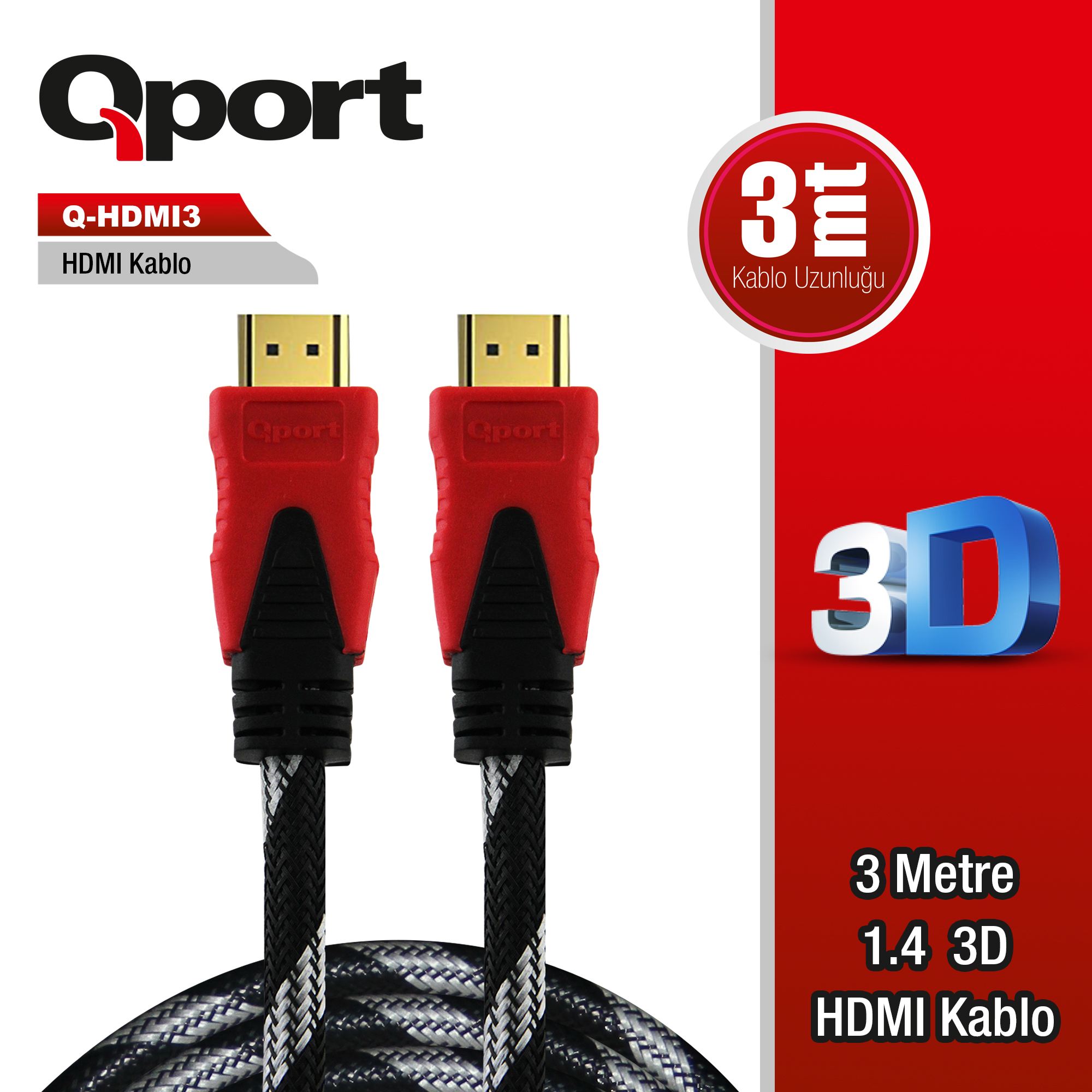 QPORT Q-HDMI3 HDMI KABLO 3MT Ver1.4 ALTIN UÇLU 3D