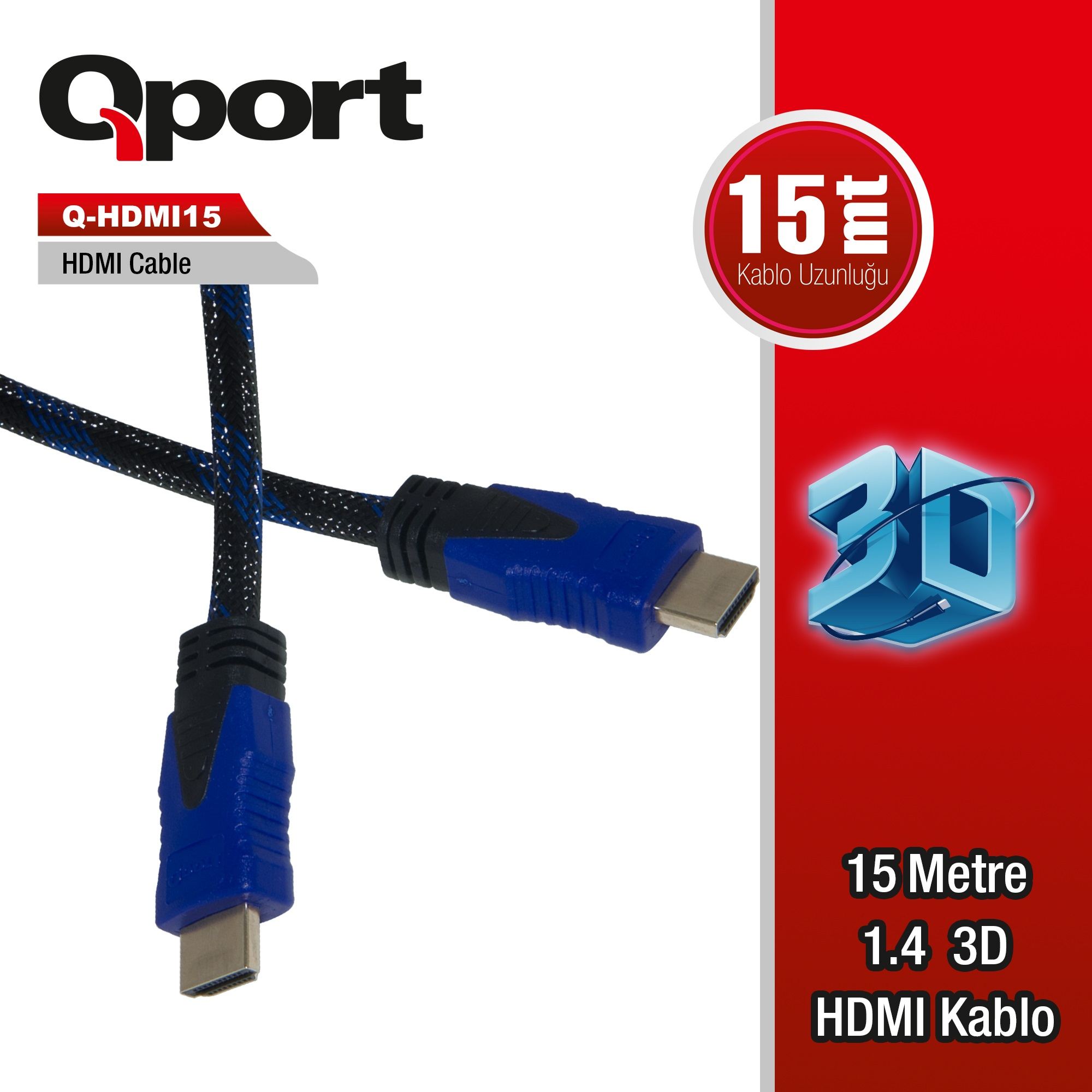 QPORT Q-HDMI15 HDMI KABLO 15MT Ver1.4 ALTIN UÇLU 3D