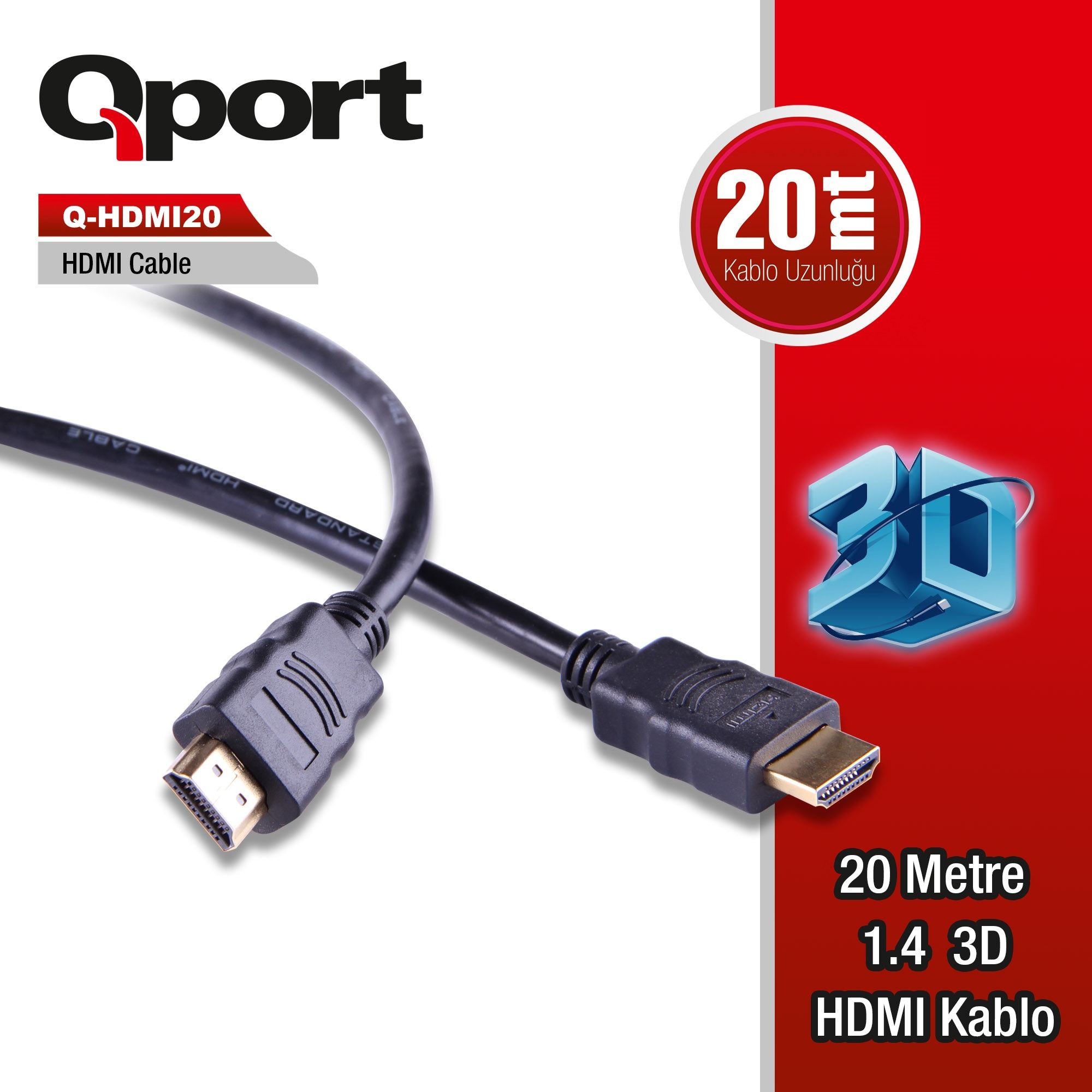 QPORT Q-HDMI20 HDMI KABLO 20MT Ver1.4 ALTIN UÇLU 3D