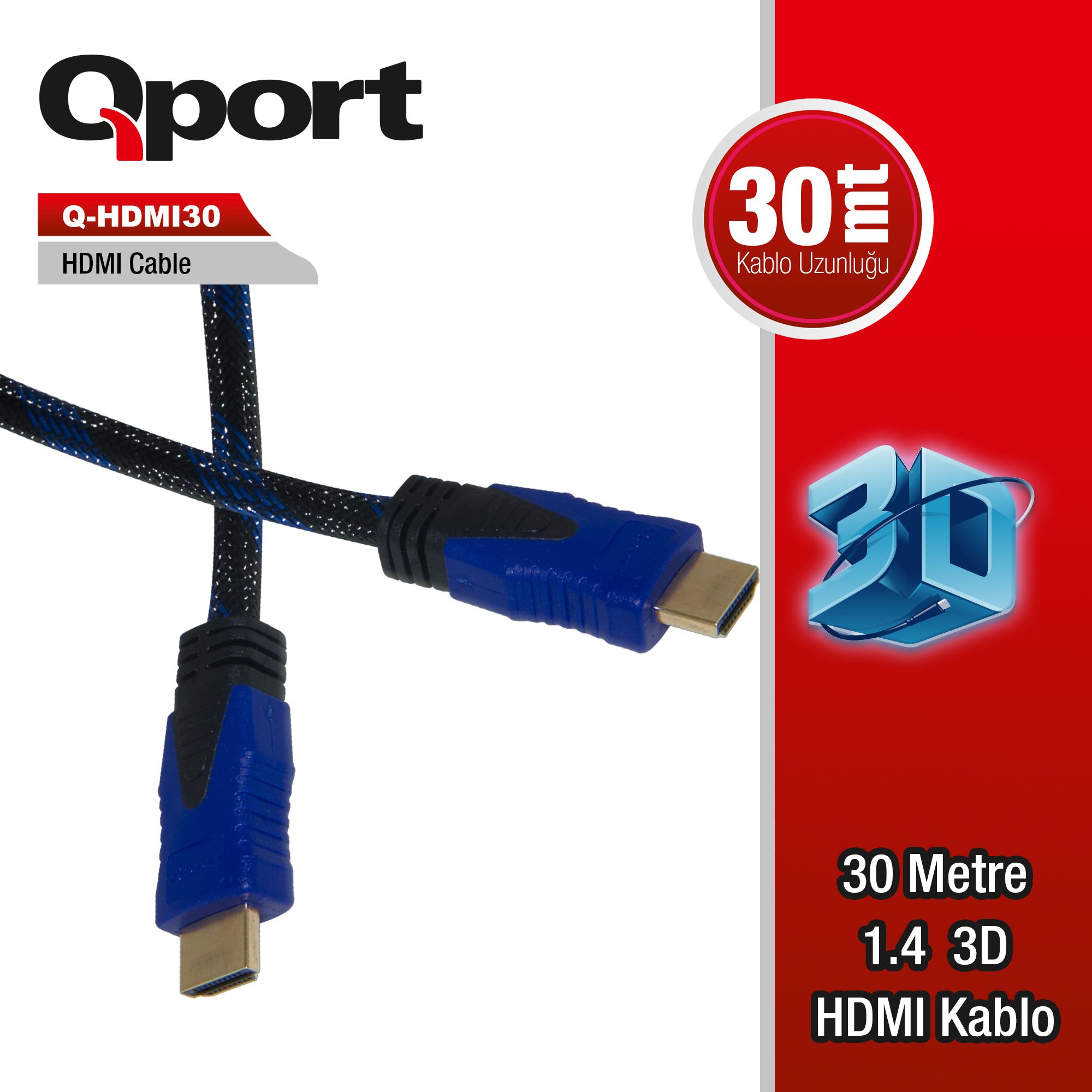 QPORT Q-HDMI30 HDMI KABLO 30MT Ver1.4 ALTIN UÇLU 3D