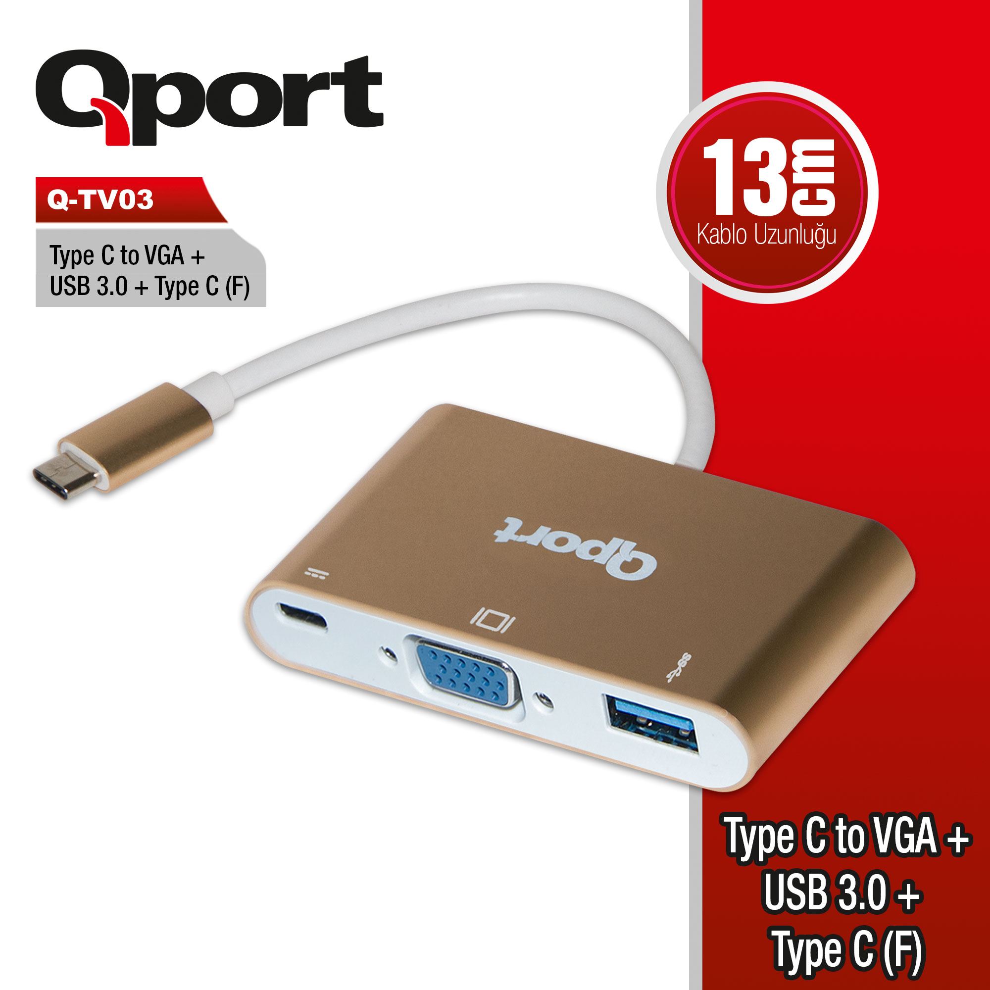 QPORT Q-TV03 TYPE-C TO VGA/USB/TYPE-C 1920x1080P ÇEVİRİCİ