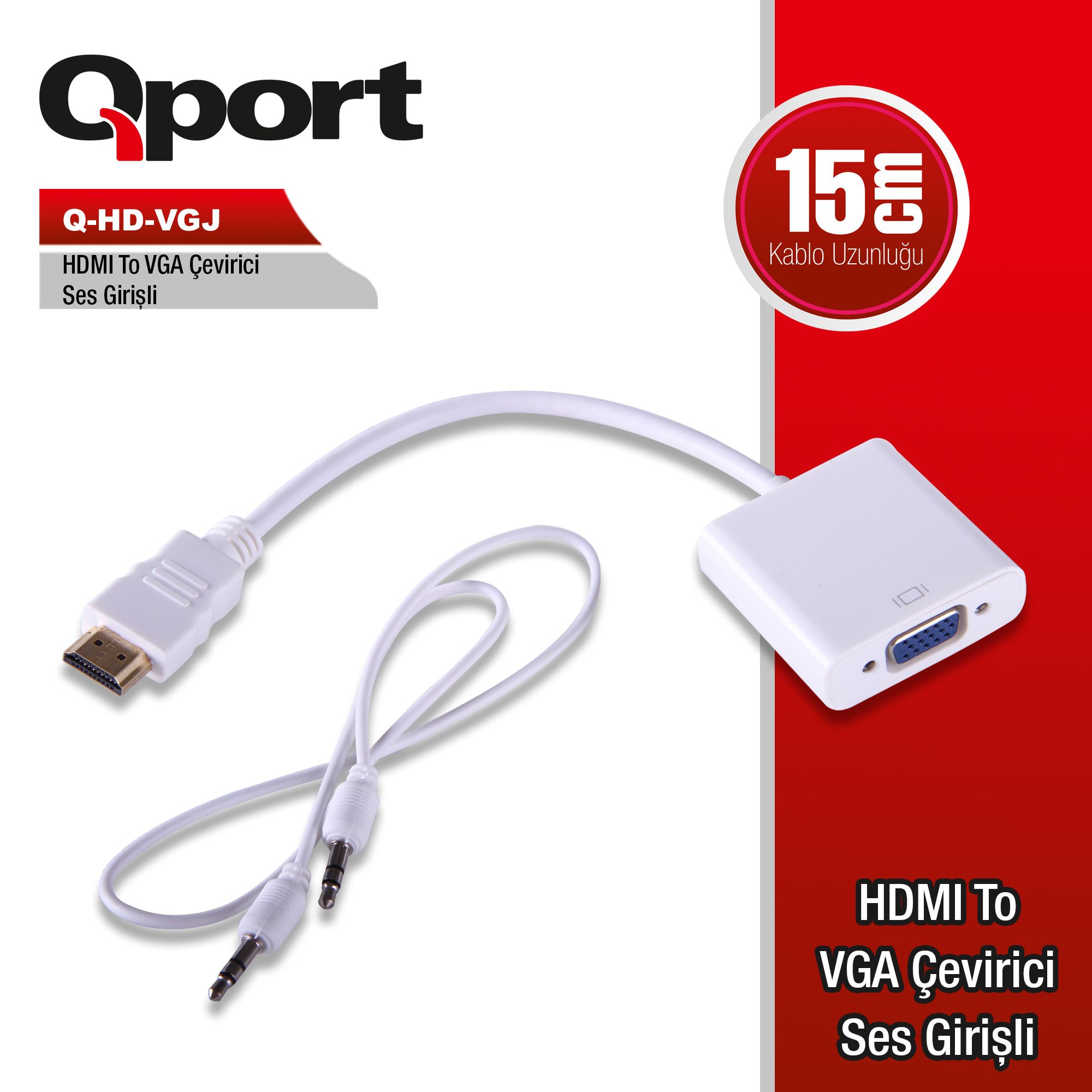 QPORT Q-HD-VGJ HDMI TO VGA+SES GİRİŞLİ ÇEVİRİCİ ADAPTÖR 