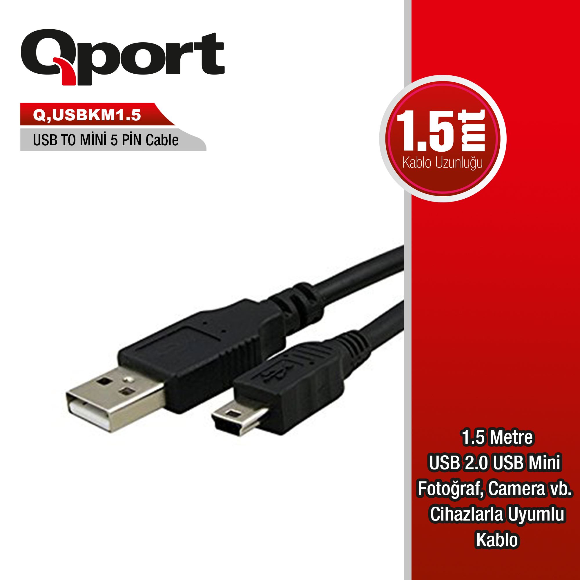 QPORT Q-USBKM1.5 USB 1.5MT GSM MICRO 5PIN KAMERA/DATA/ŞARJ KABLO SİYAH