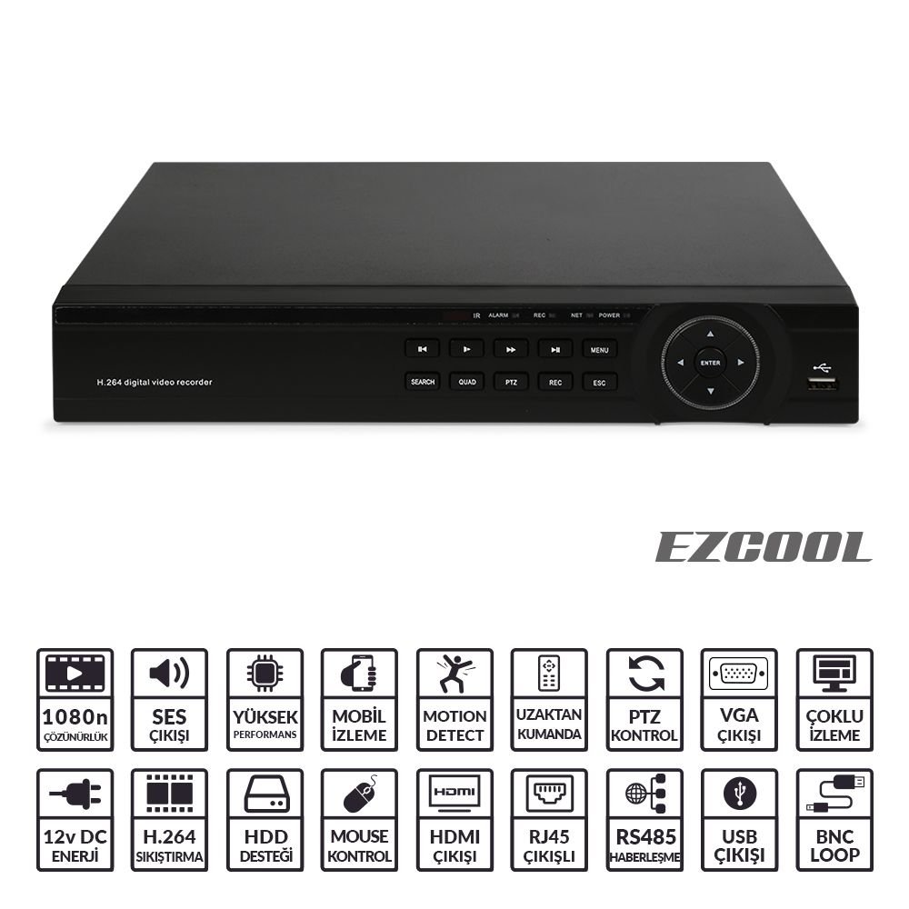 EZCOOL EZ-5216AHD 16 KANAL 6xSES 1xVGA 1xHDMI 1080N 2x6TB DESTEK AHD DVR KAYIT CİHAZI SİYAH