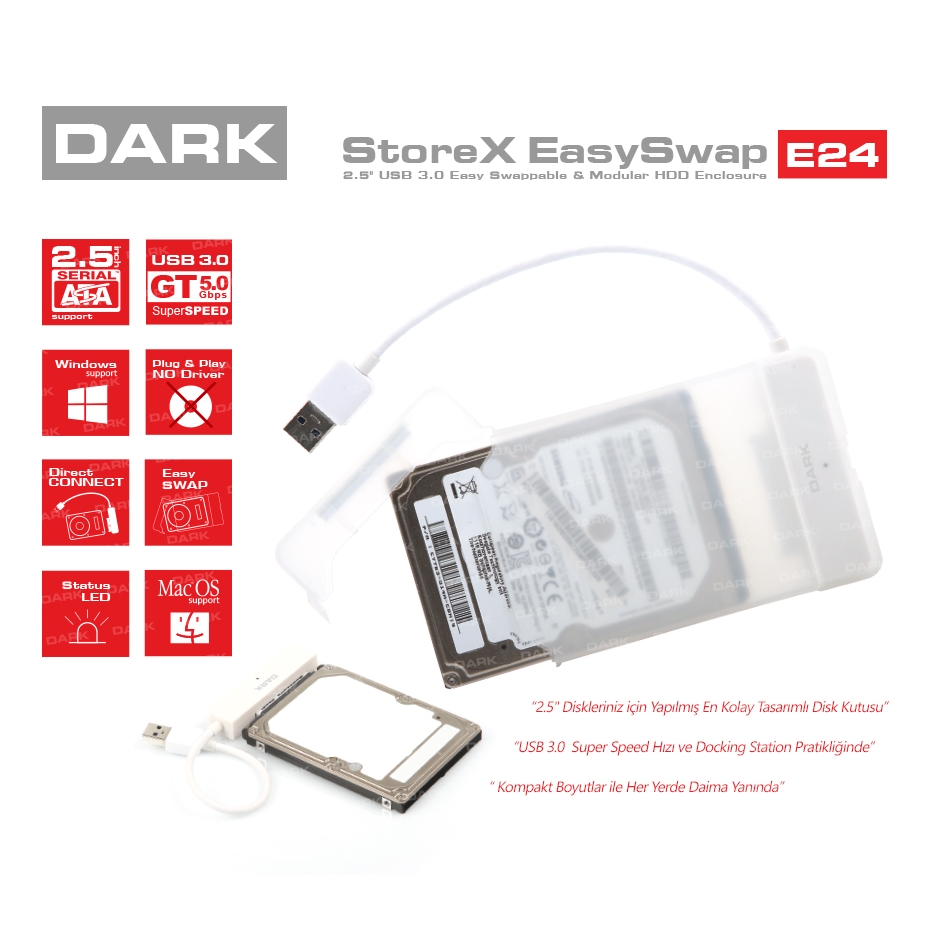 DARK DK-AC-DSE24U3 STOREX E24 2.5" USB 3.0 SATA ÇIKARILABİLİR BAŞLIKLI ŞEFFAF DİSK KUTUSU       