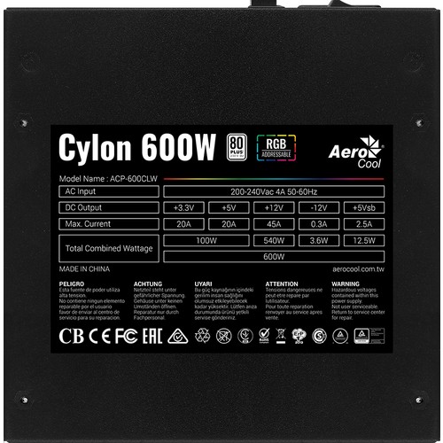 AEROCOOL CYLON 600W 80+ BR 12cm FANLI POWER SUPPLY AKTIF PFC AE-CYLNP600BR