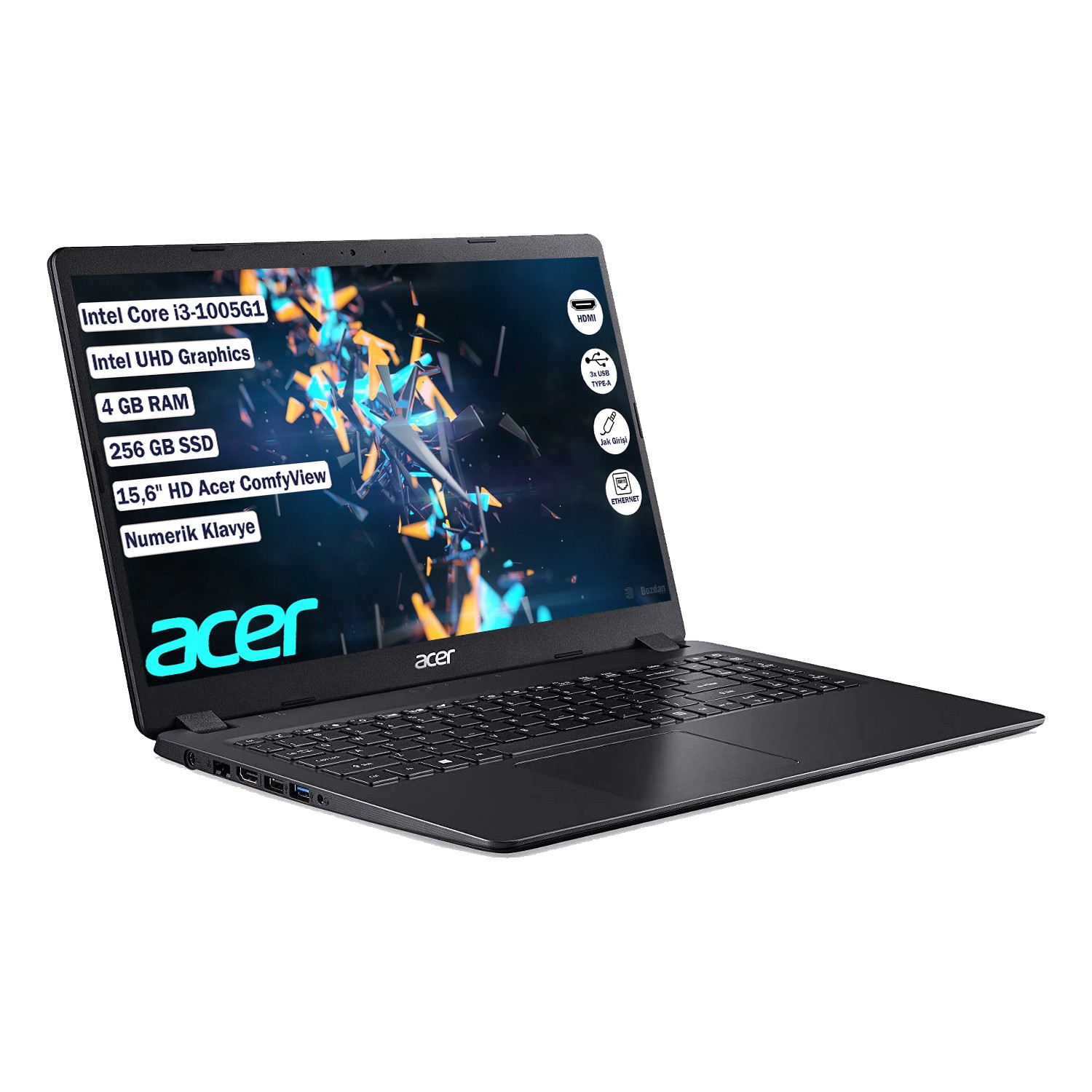 ACER EX215-52 NX.EG8EY.001 I3-1005G1 4GB 256GB SSD O/B VGA 15.6" FREEDOS SİYAH NOTEBOOK