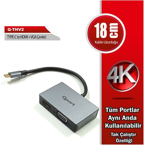 QPORT Q-THV2 TYPE-C TO HDMI/VGA ÇEVİRİCİ