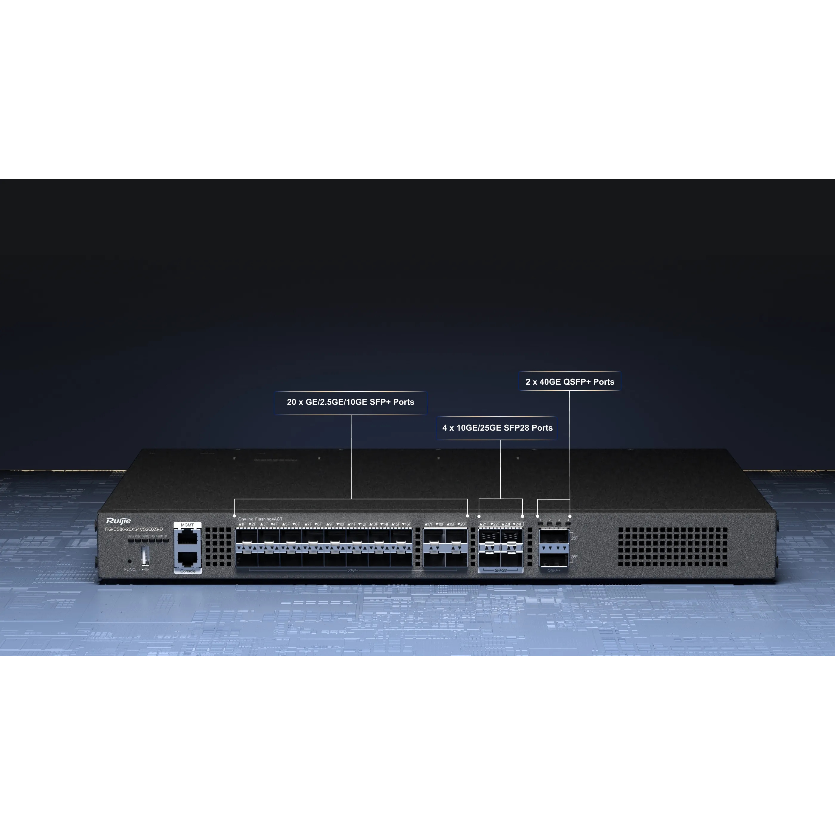 RUIJIE RG-CS86-20XS4VS2QXS-D 20x1G-2,5G-10G SFP+ 4X 10G/25G PORT 2 x 40GBASE-X QSFP+ CLOUD YONETILEBILIR L3 RACK MOUNT SWITCH