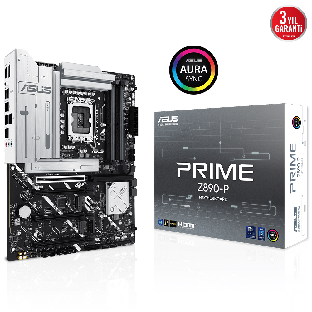 ASUS PRIME Z890-P 4x DDR5 HDMI 4x M.2 1x 2.5GLAN 1851P ANAKART, Intel Z890 LGA1851 DDR5 8400 DP HDMI Type-C 4x M2 USB3.2 AURA RGB 2.5Gbit LAN ATX 14+1+2+1 Güç Aşamaları, ASUS AI Teknolojieri, Easy PC DIY