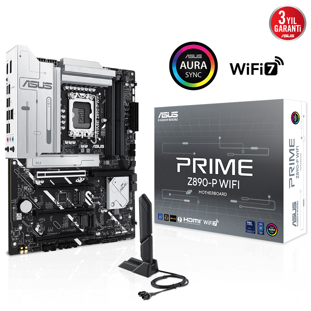 ASUS PRIME Z890-P WIFI 4x DDR5 DP/HDMI 4x M.2 1x 2.5GLAN/WIFI7/BT USB4 1851P ANAKART, Intel Z890 LGA1851 DDR5 8400 4x M2 USB4 USB3.2 WiFi7 BT AURA RGB 2.5Gbit LAN ATX 14+1+2+1 Güç Aşamaları, Thunderbolt 4, ASUS GlideX