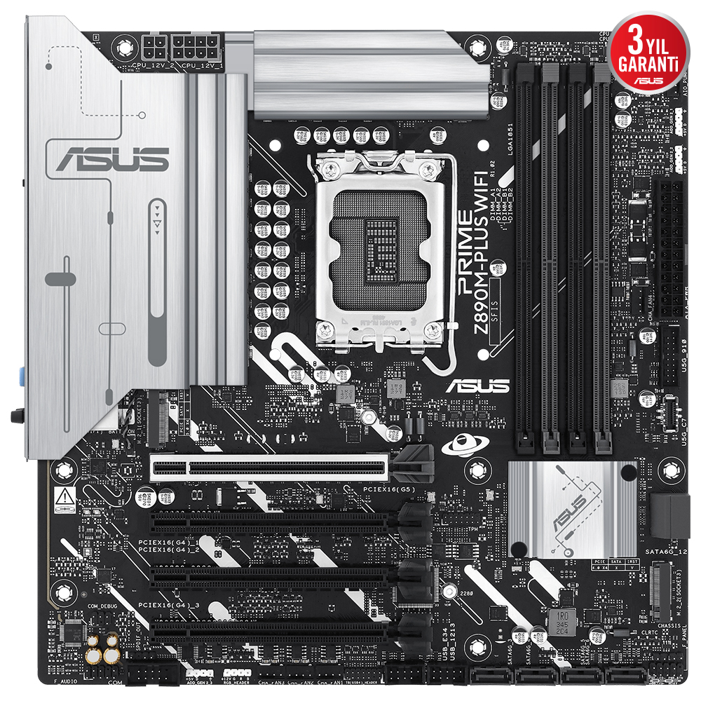 ASUS PRIME Z890M-PLUS WIFI 4x DDR5 DP/HDMI 3x M.2 1x 2.5GLAN/WIFI7/BT USB3.2 1851P ANAKART, Intel Z890 LGA1851 DDR5 8400 DP HDMI Type-C 3x M2 USB3.2 WiFi7 BT AURA RGB 2.5Gbit LAN mATX 10+1+2+1 Güç Aşamaları, ASUS GlideX