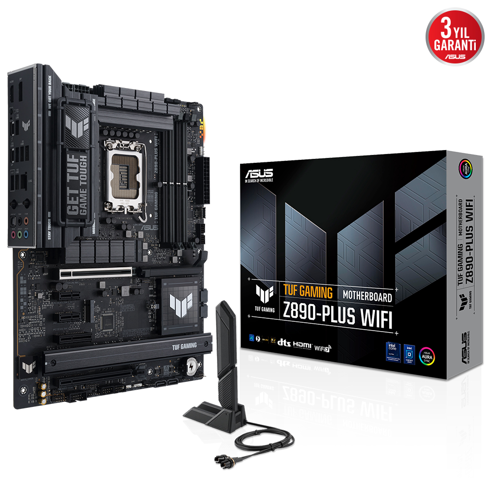 ASUS TUF GAMING Z890-PLUS WIFI 4x DDR5 DP/HDMI 4x M.2 1x 2.5GLAN/WIFI7/BT USB4 1851P ANAKART, Intel Z890 LGA1851 DDR5 9066 DP HDMI USB4 4x M2 USB3.2 WiFi7 BT AURA RGB 2.5Gbit LAN ATX 16+1+2+1 Güç Aşamaları, Thunderbolt 4