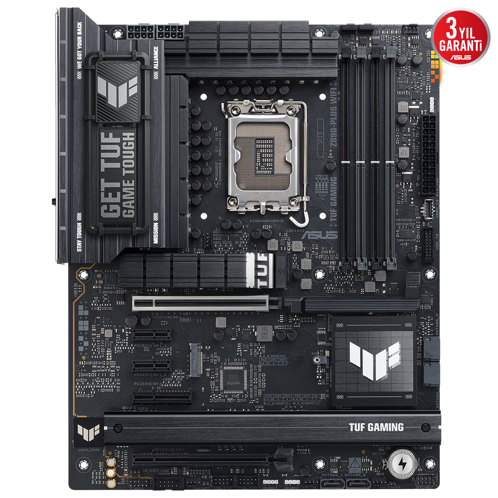 ASUS TUF GAMING Z890-PLUS WIFI 4x DDR5 DP/HDMI 4x M.2 1x 2.5GLAN/WIFI7/BT USB4 1851P ANAKART, Intel Z890 LGA1851 DDR5 9066 DP HDMI USB4 4x M2 USB3.2 WiFi7 BT AURA RGB 2.5Gbit LAN ATX 16+1+2+1 Güç Aşamaları, Thunderbolt 4