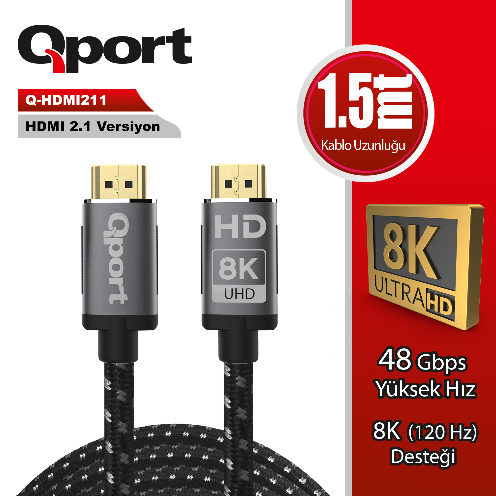 QPORT Q-HDMI211 HDMI KABLO 1.5MT 2.1V 8K ALTIN UÇLU ÖRGÜLÜ