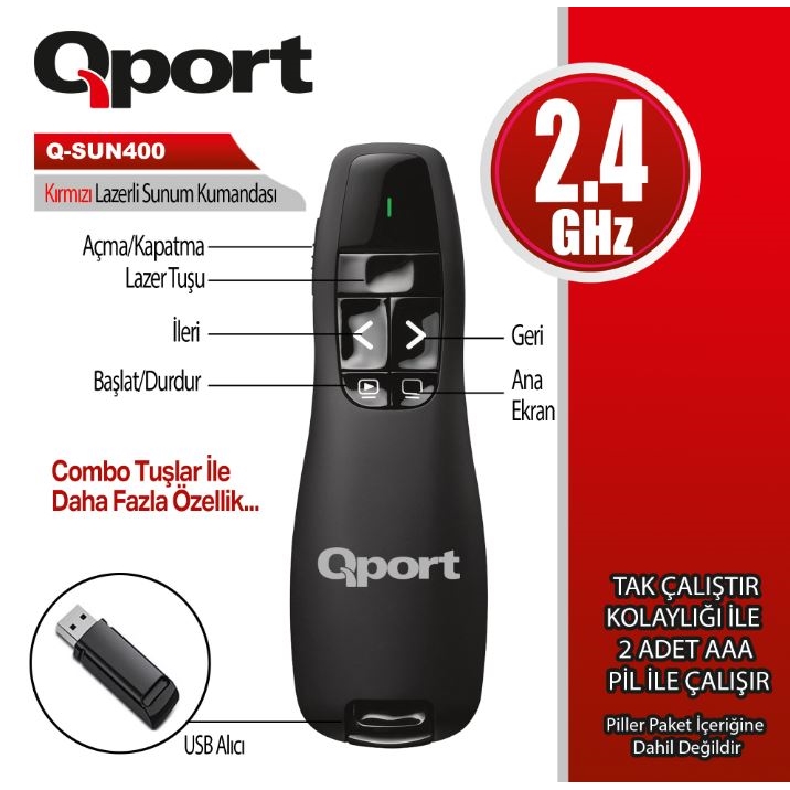 QPORT Q-SUN400 2.4 GHz KIRMIZI LAZERLİ KABLOSUZ PRESENTER SİYAH