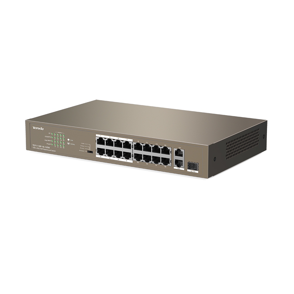 TENDA TEF1118P-16-150W 16 PORT 10/100 POE 2 PORT UPLINK + 1 SFP 150W YONETILEMEZ DESKTOP SWITCH