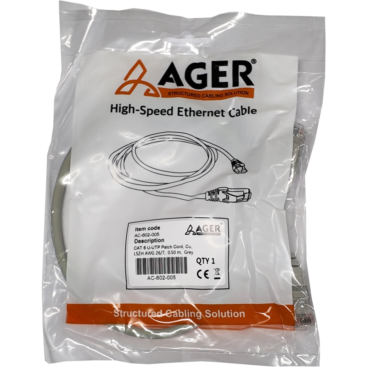 AGER AC-602-005 50CM UTP CAT6 PATCH KABLO GRI Cu, LSZH AWG 26/7