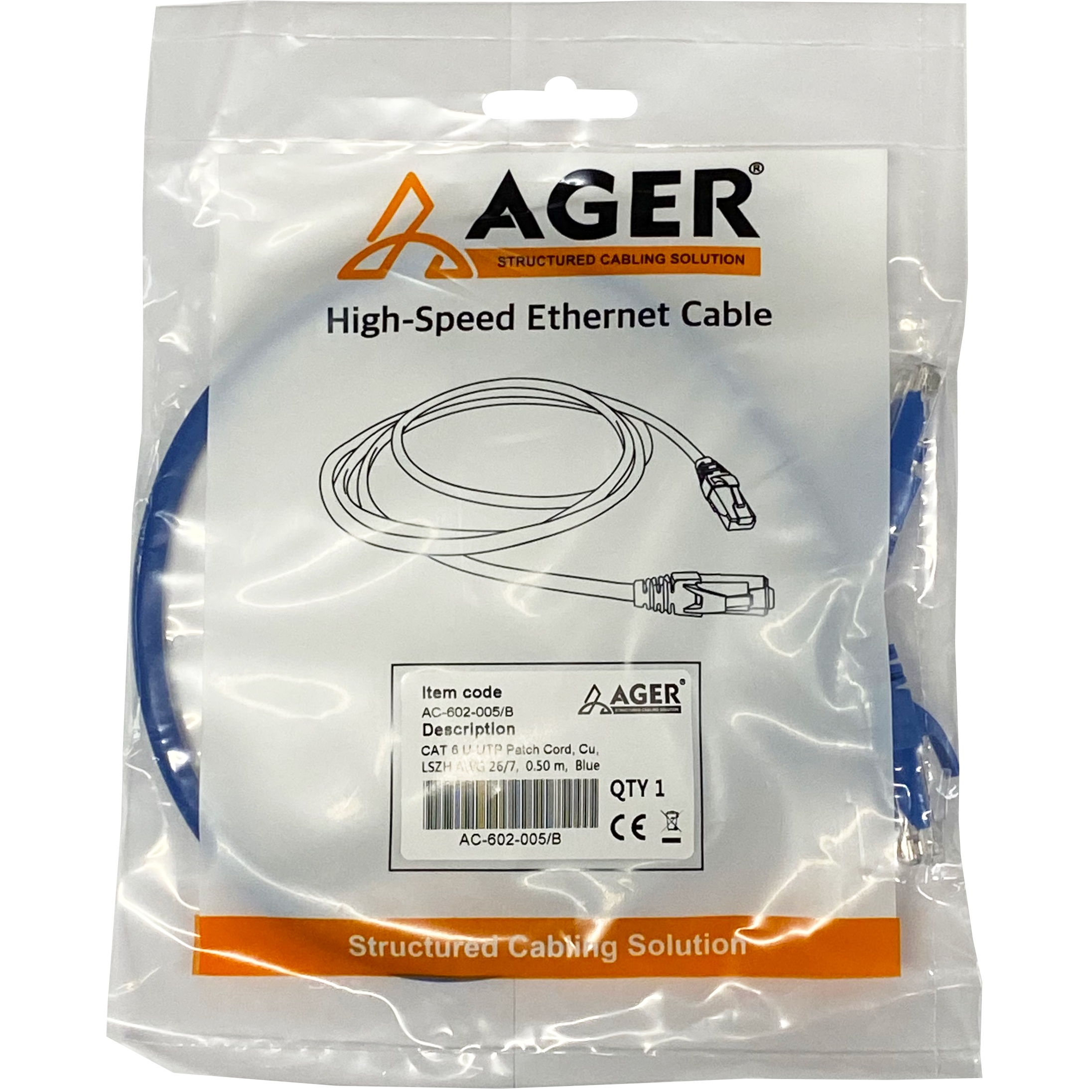 AGER AC-602-005 50CM UTP CAT6 PATCH KABLO MAVİ Cu, LSZH AWG 26/7