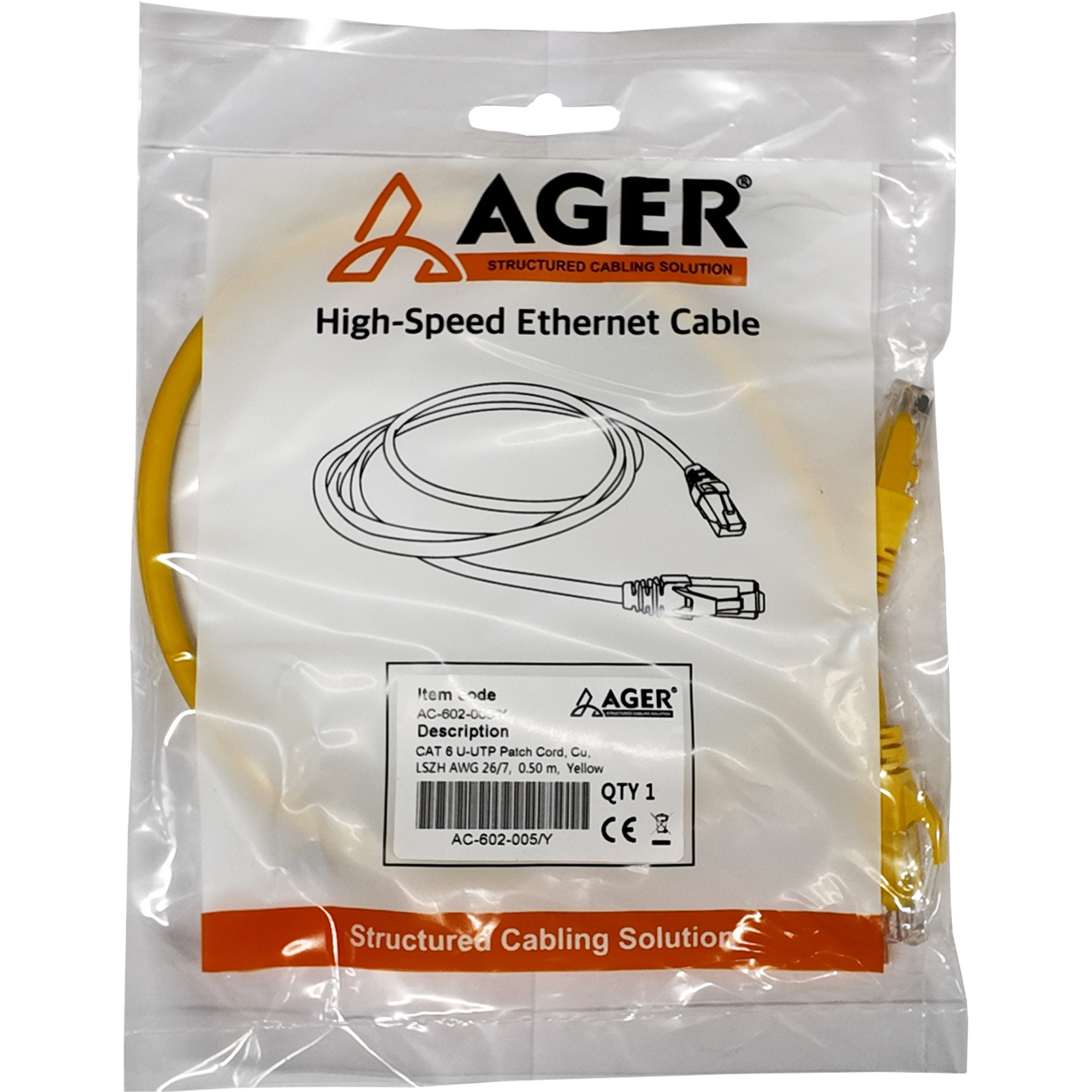 AGER AC-602-005 50CM UTP CAT6 PATCH KABLO SARI Cu, LSZH AWG 26/7