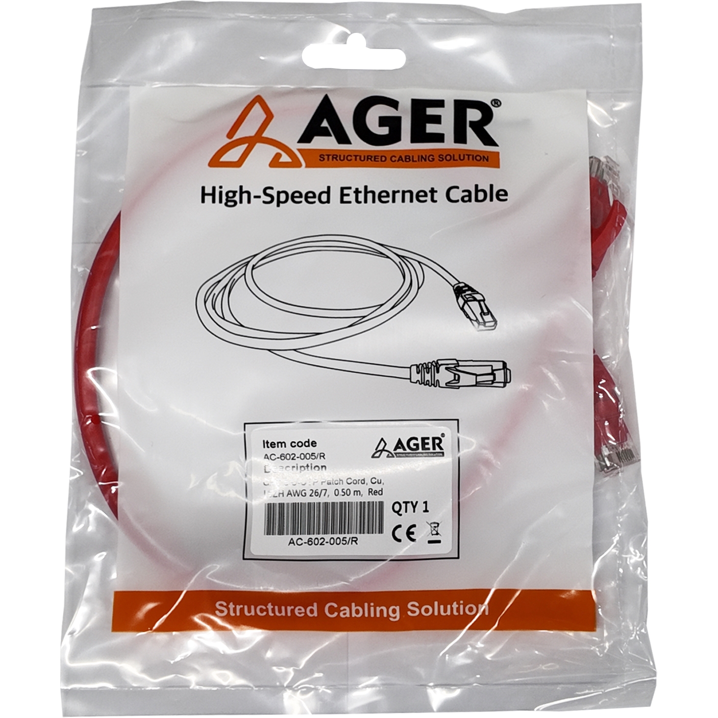 AGER AC-602-005 50CM UTP CAT6 PATCH KABLO KIRMIZI Cu, LSZH AWG 26/7