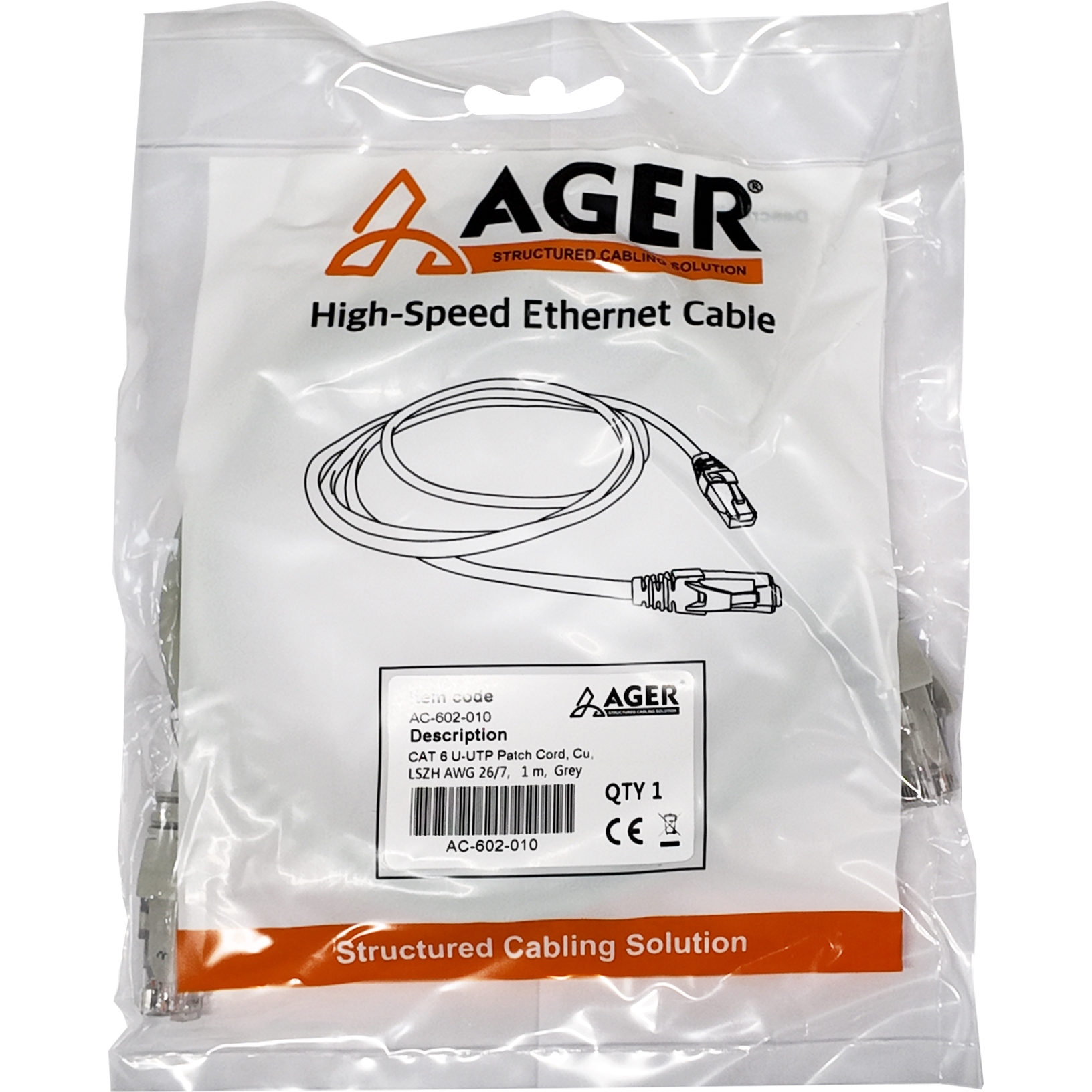 AGER AC-602-010 1.0 MT UTP CAT6 PATCH KABLO GRI Cu, LSZH AWG 26/7