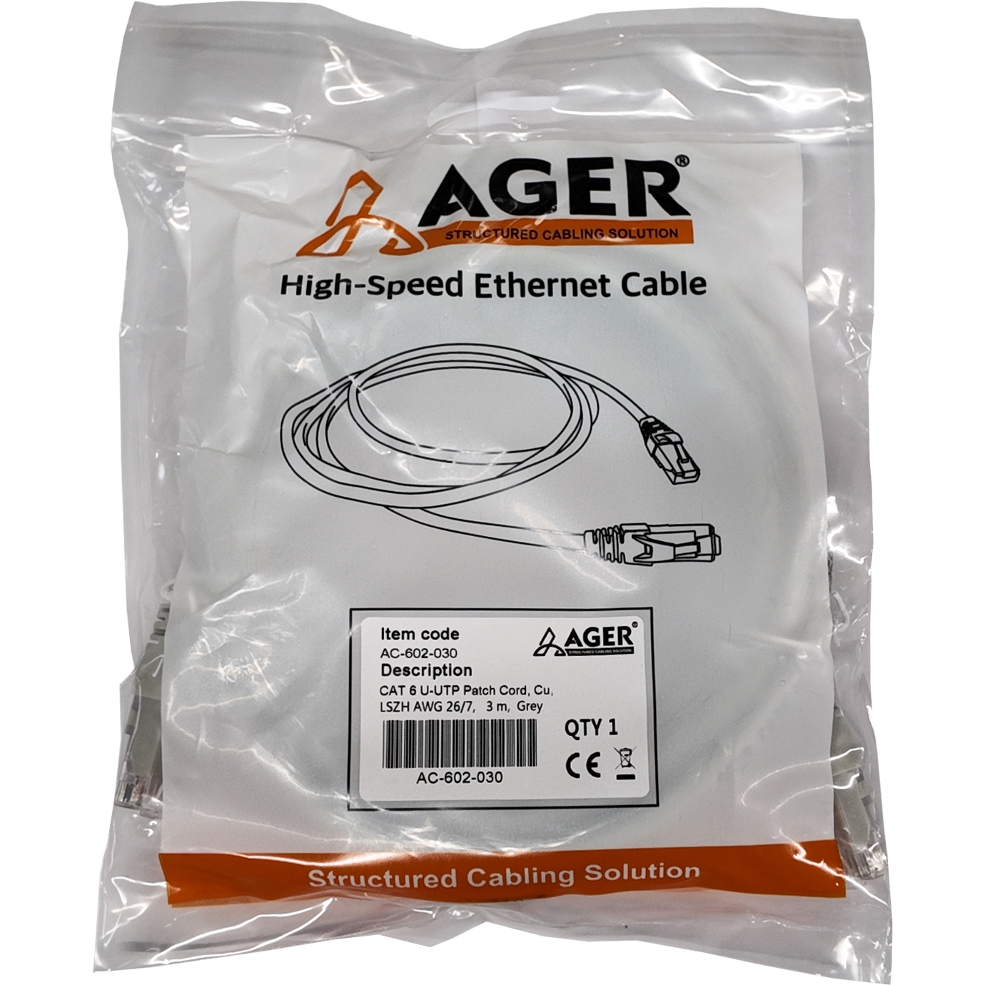 AGER AC-602-030 3 MT UTP CAT6 PATCH KABLO GRI Cu, LSZH AWG 26/7