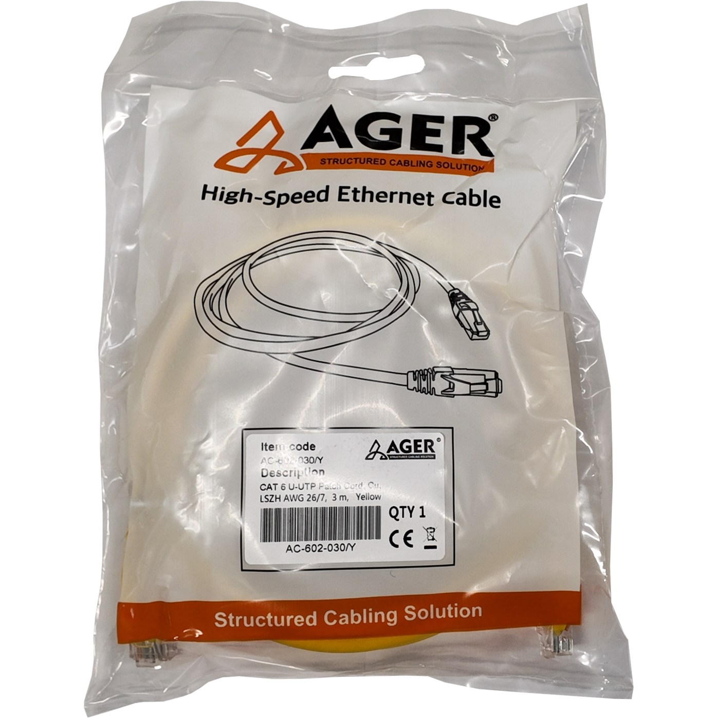 AGER AC-602-030 3 MT UTP CAT6 PATCH KABLO SARI Cu, LSZH AWG 26/7