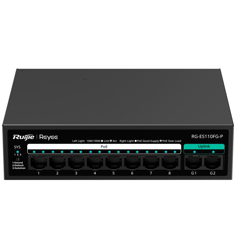 RUIJIE REYEE RG-ES110FG-P 8 PORT 10/100 8 PORT POE 2 PORT GIGABIT UPLINK 110W YONETILEMEZ DESKTOP SWITCH