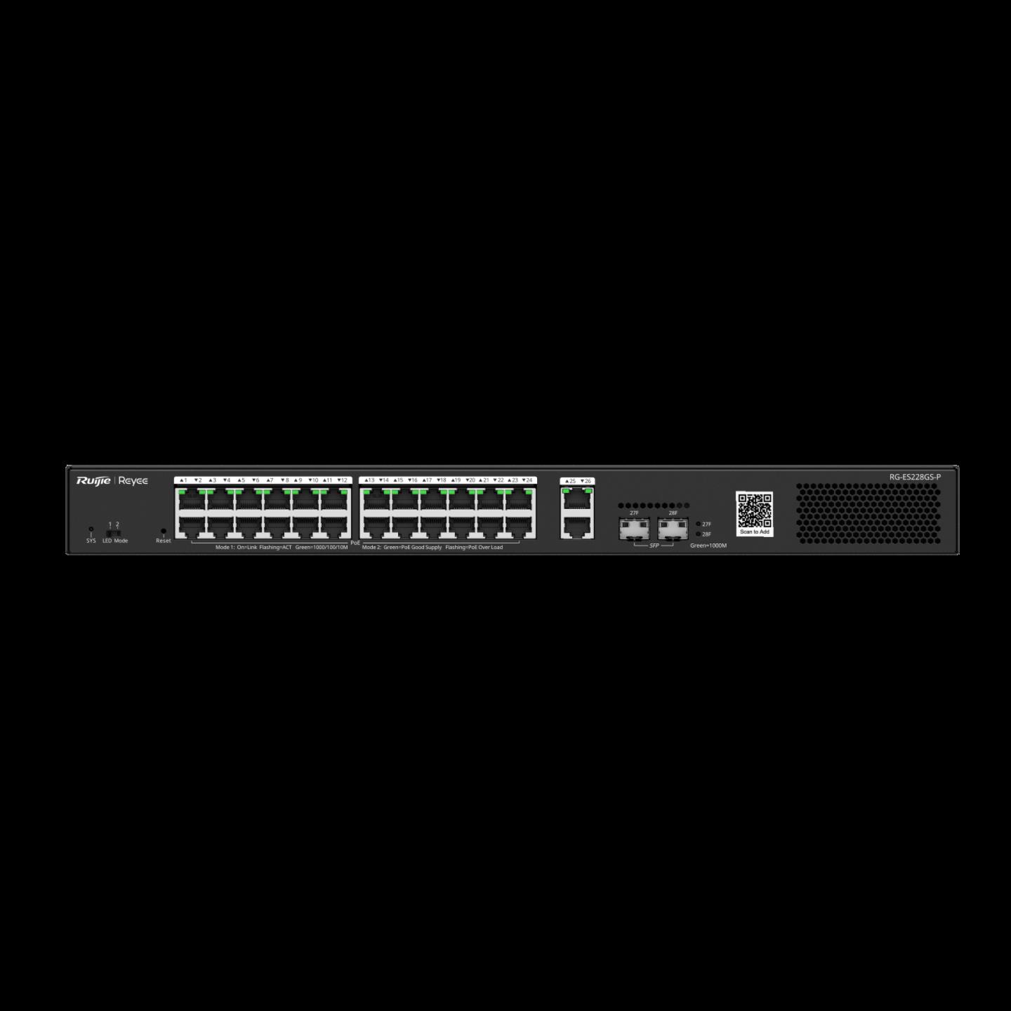 RUIJIE REYEE RG-ES228GS-P 24 PORT 10/100/1000 24 PORT POE 2 PORT UPLINK +2 SFP 370 WATT CLOUD YÖNETİLEBİLİR RACK MOUNT S