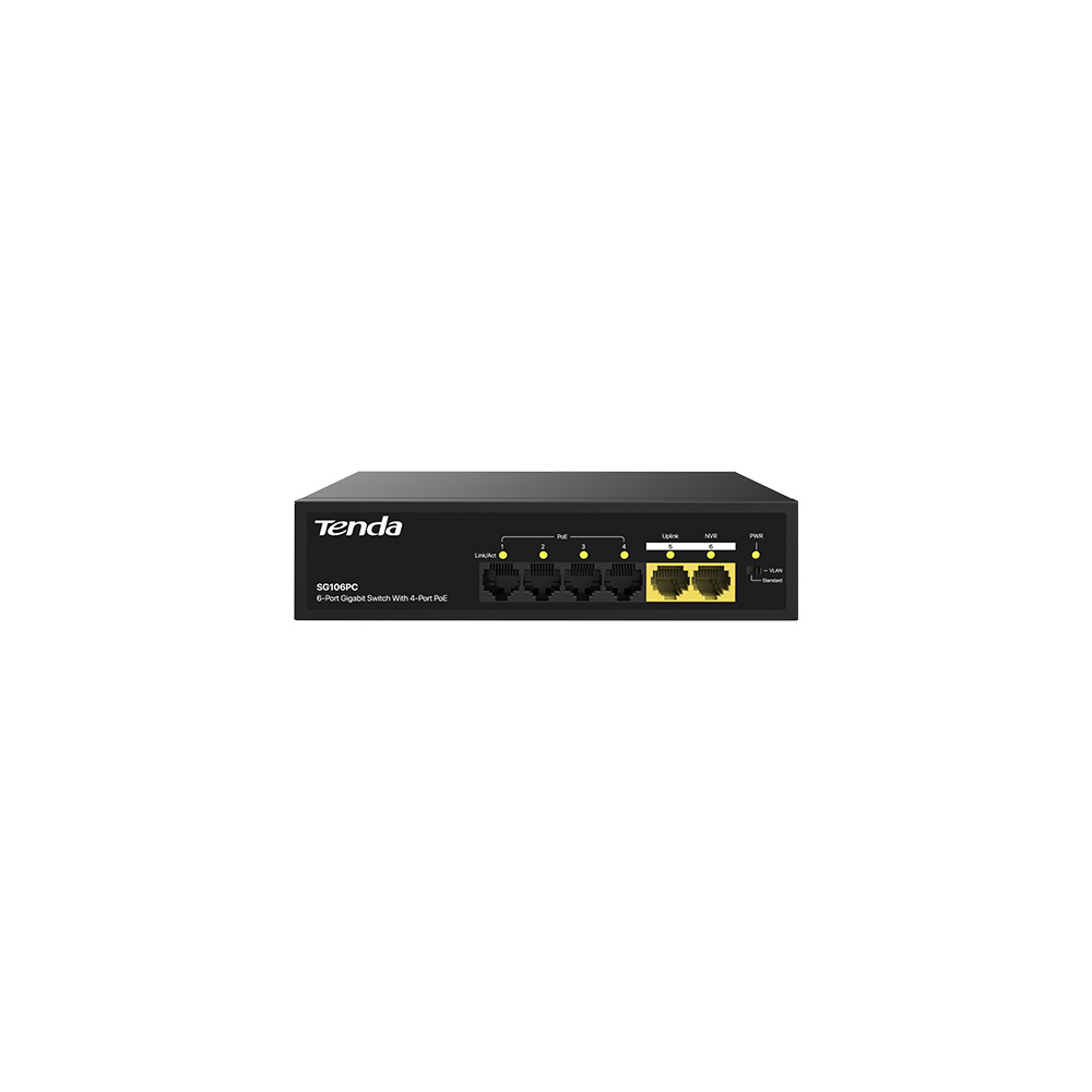 TENDA SG106PC 6 PORT 10/100/1000 4 PORT POE+ 2 PORT UPLINK 55w YONETILEMEZ DESKTOP SWITCH