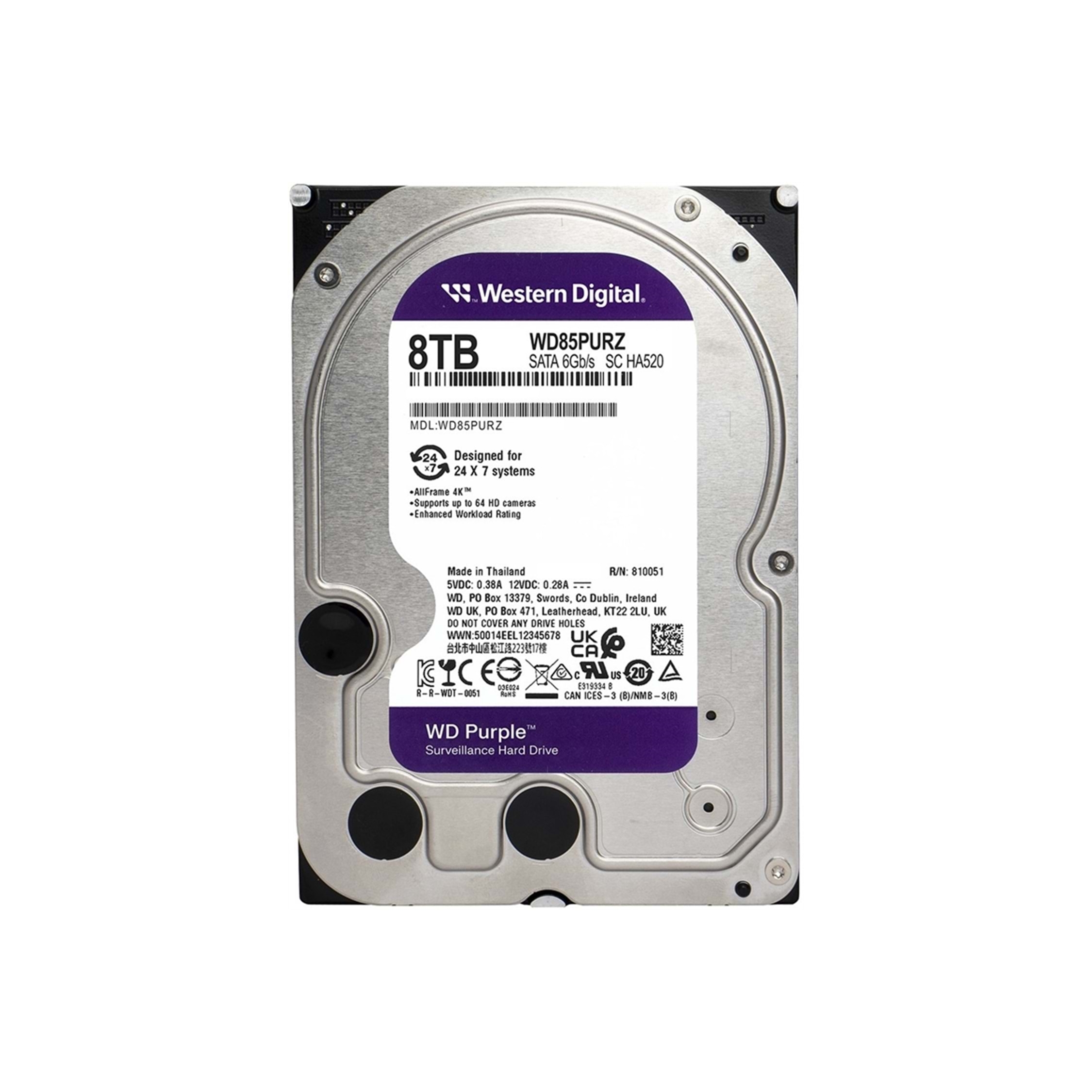 WD PURPLE 8TB 5640RPM 128MB SATA3 WD85PURZ 7/24 HDD RESMİ DİSTİ GARANTİLİ