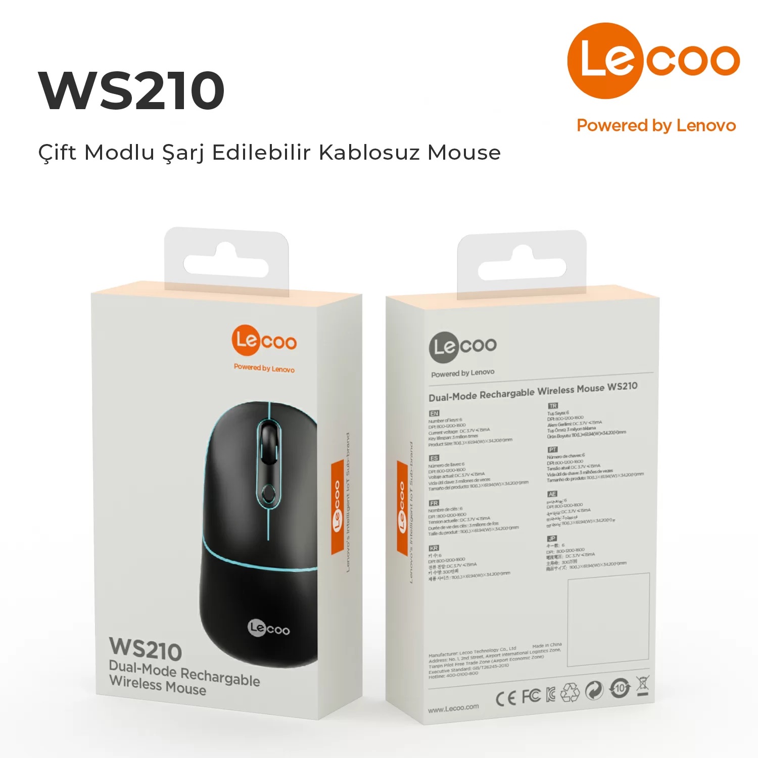 LECOO WS210 BLUETOOTH / WIRELESS 1600 DPI SİYAH MOUSE 2.4 GHZ / ŞARJLI