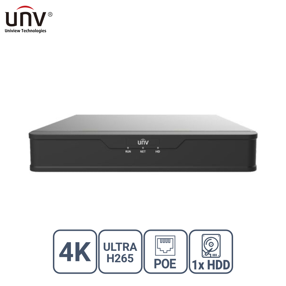 UNIVIEW NVR301-04S3-P4 4 KANAL POE VGA/HDMI H265+ NVR KAYIT CİHAZI