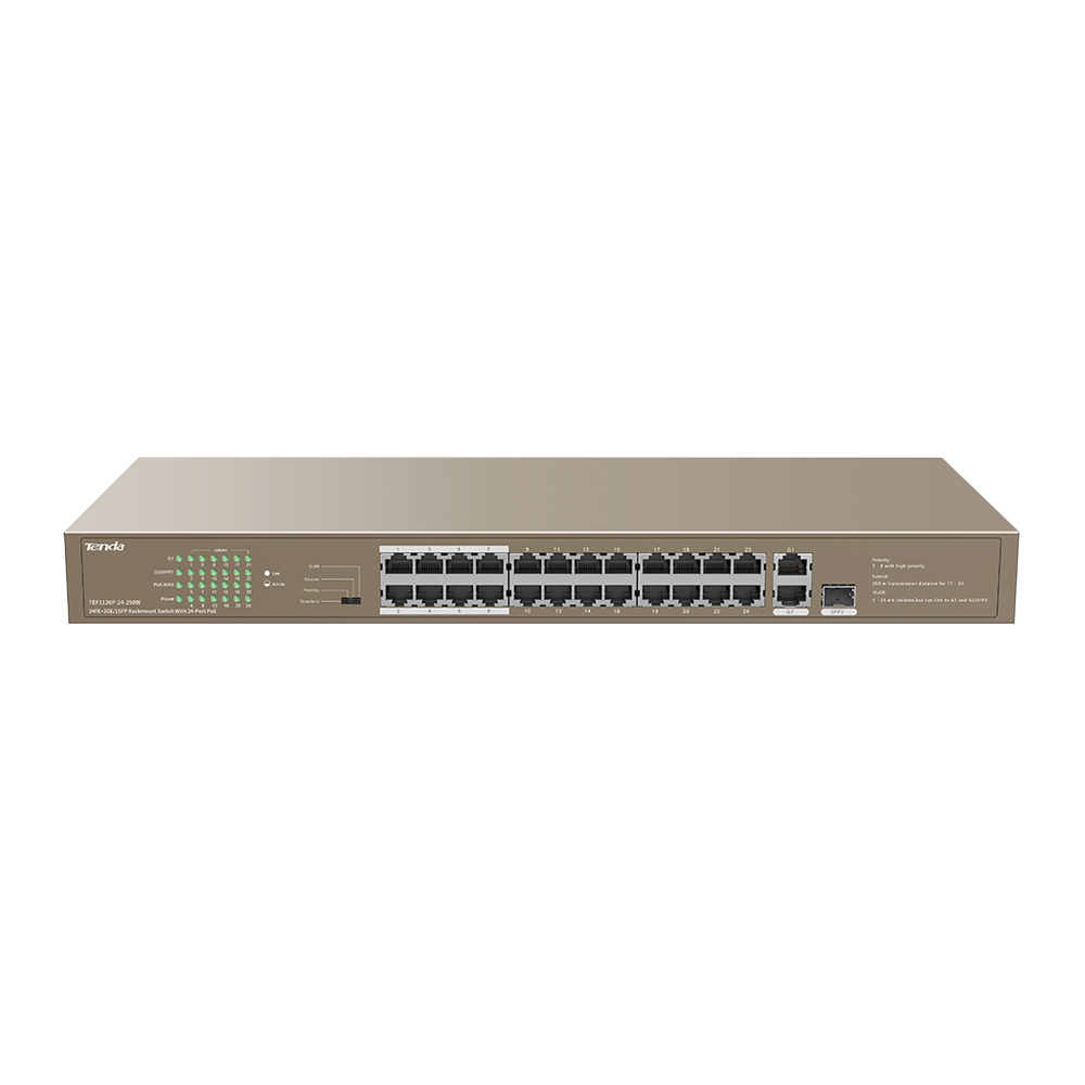 TENDA TEF1126P-24-250W 24 PORT 10/100 POE 2 PORT UPLINK + 1 SFP 250W YONETILEMEZ DESKTOP SWITCH