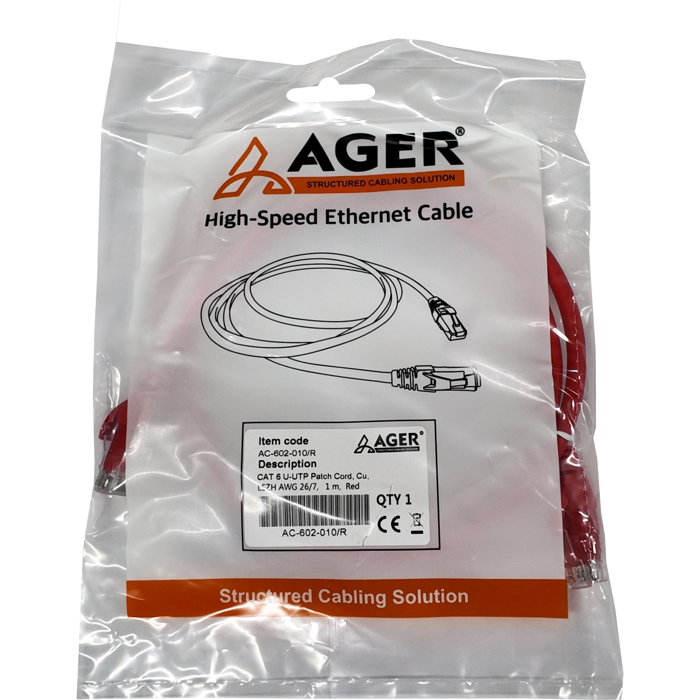 AGER AC-602-010 1MT UTP CAT6 PATCH KABLO KIRMIZI Cu, LSZH AWG 26/7