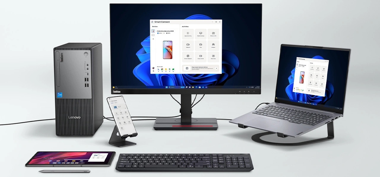 Lenovo ThinkCentre Neo 50t Gen 5 (Intel) Tower, Smart Connect uygulaması aracılığıyla birden fazla cihazla senkronize edildi.