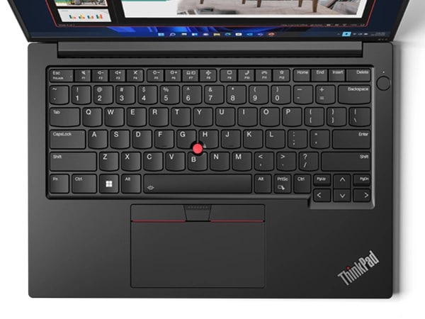 Aerial view of keyboard on open ThinkPad E14 Gen 5 (14" Intel) laptop 