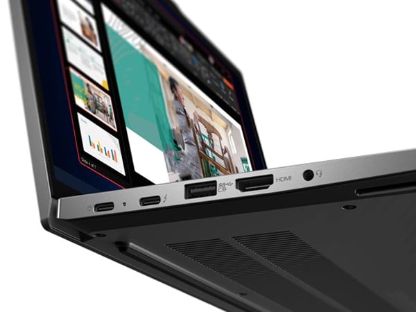 ThinkPad E14 Gen 5 (14" Intel) laptop – close-up view of left side ports, showing some of bottom of the laptop and some of the laptop’s open display