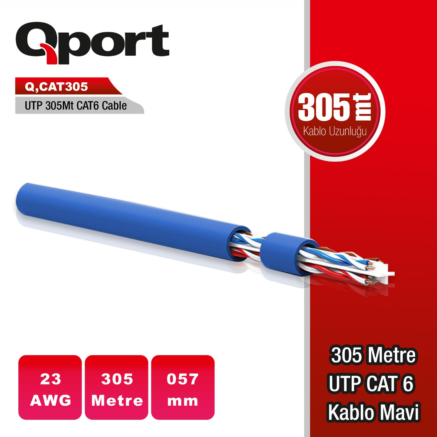 QPORT Q-CAT6M 305 MT UTP CAT6 NETWORK KABLO MAVI 23AWG 0.57MM