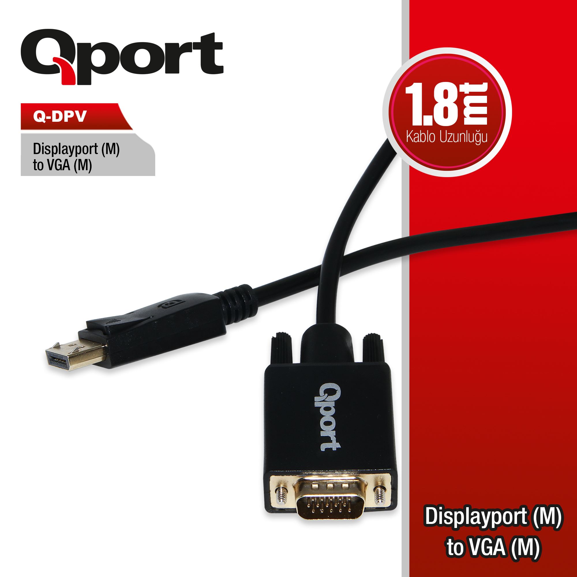 QPORT Q-DPV DISPLAY PORT TO VGA 1.8MT ÇEVİRİCİ KABLO