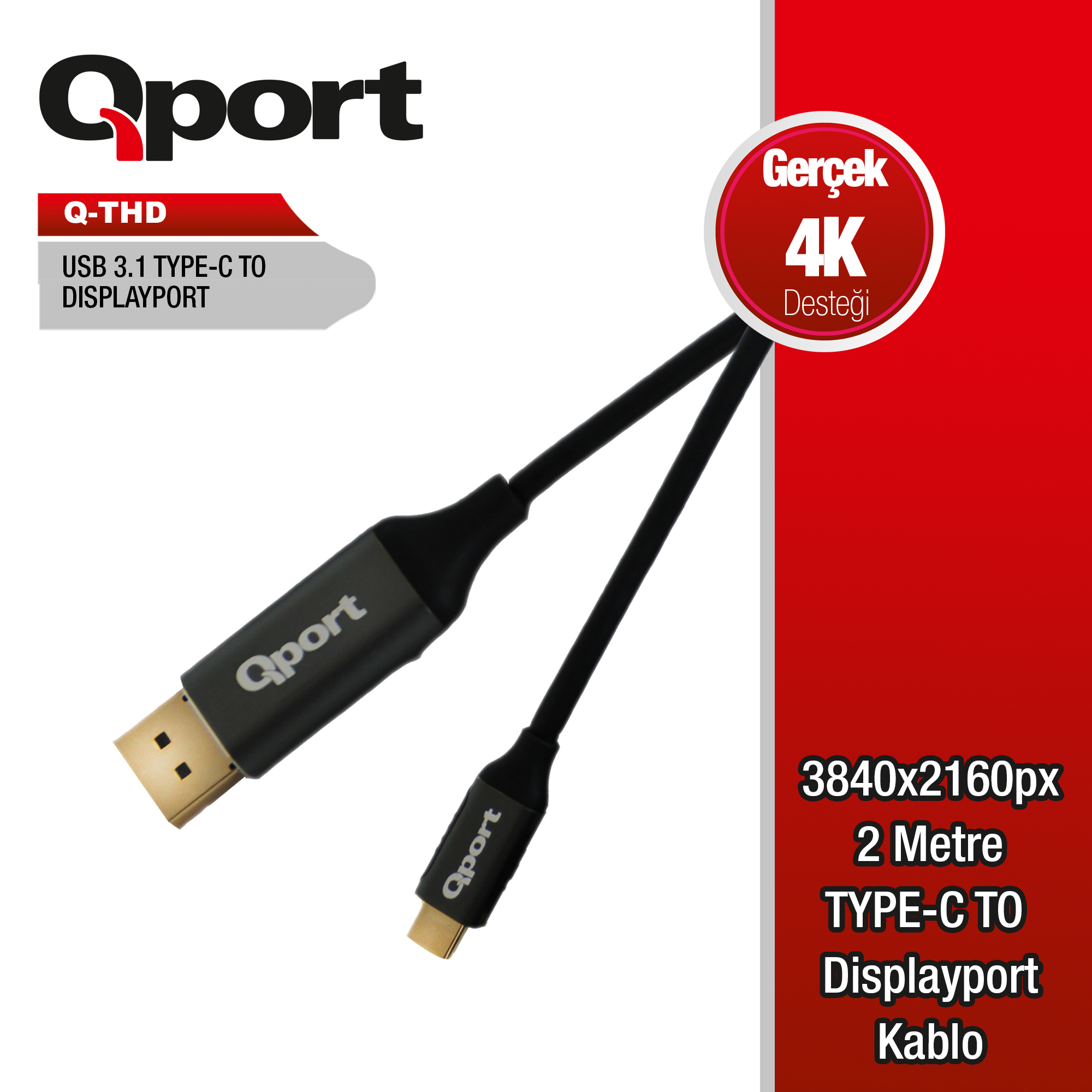 QPORT Q-THD TYPE-C TO DP 60Hz 4K 2MT ÇEVİRİCİ KABLO