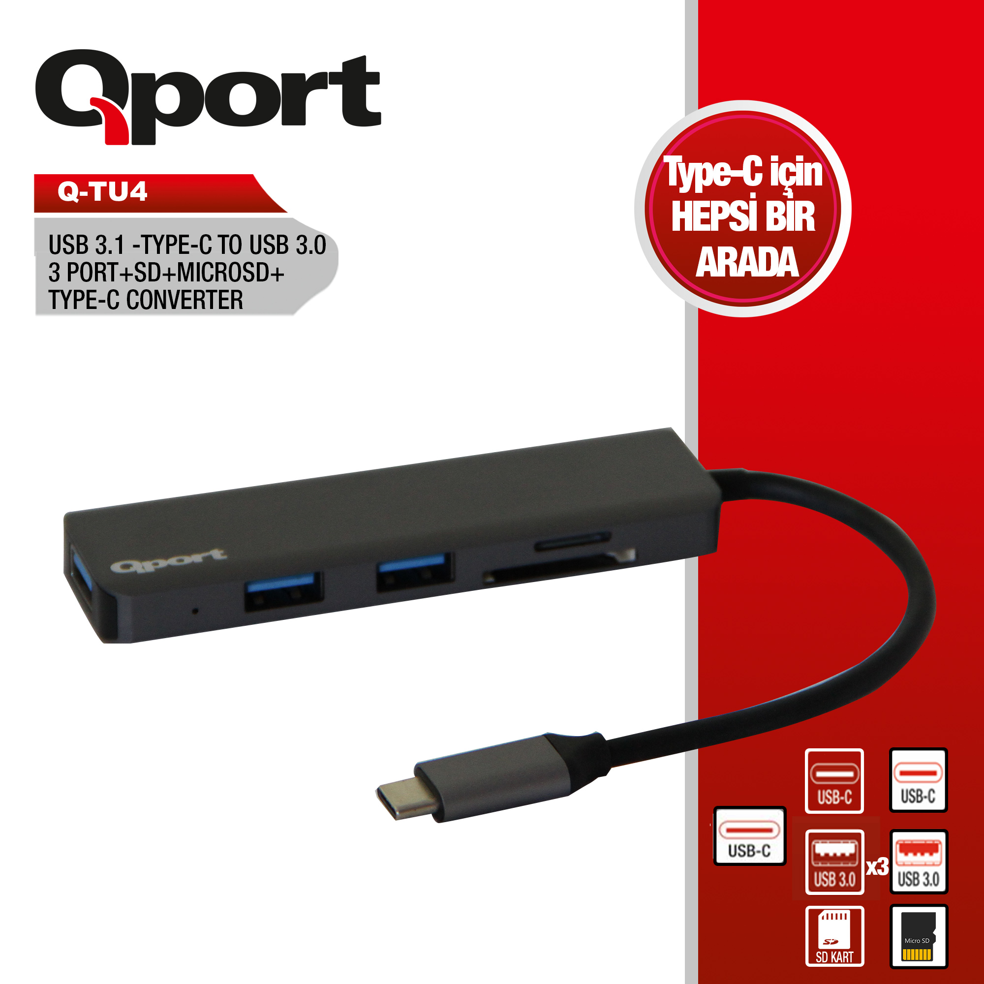 QPORT Q-TU4 TYPE-C TO 3xUSB3.0+MICROSD ÇEVİRİCİ ADAPTÖR