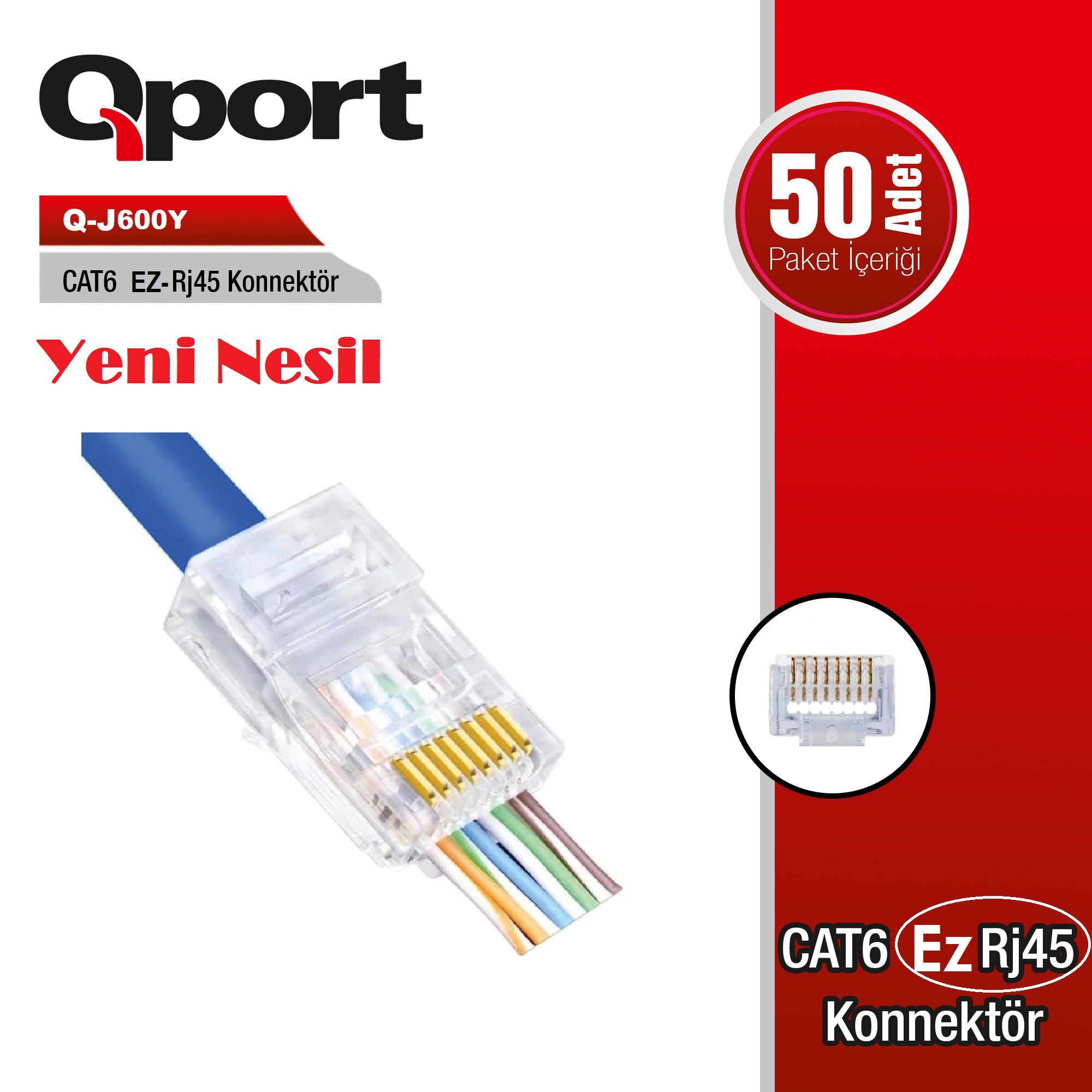 QPORT Q-J600Y EZ-PLUG YENİ NESİL CAT6 RJ45 KONNEKTÖR 50'Lİ