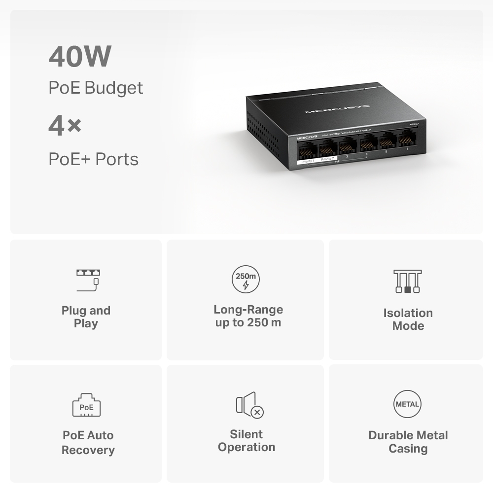 TP-LINK MERCUSYS MS106LP 6 PORT 10/100 4 PORT POE+ YONETILEMEZ DESKTOP SWITCH METAL KASA