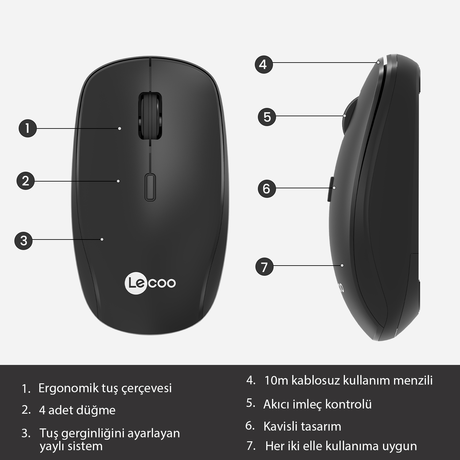 LECOO WS203 KABLOSUZ 2400 DPI SİYAH MOUSE