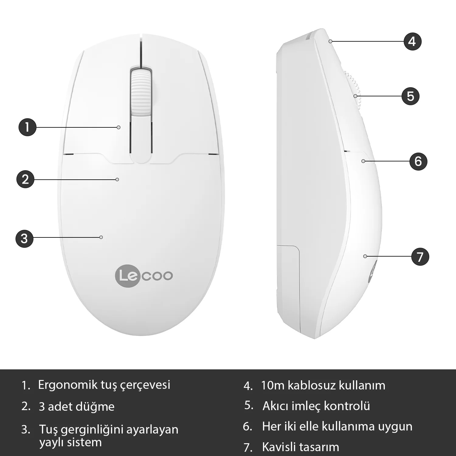 LECOO WS204 KABLOSUZ 1200 DPI BEYAZ MOUSE